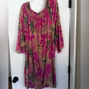 Mlle Gabrielle Magenta Floral Midi Dress with Green Leaves